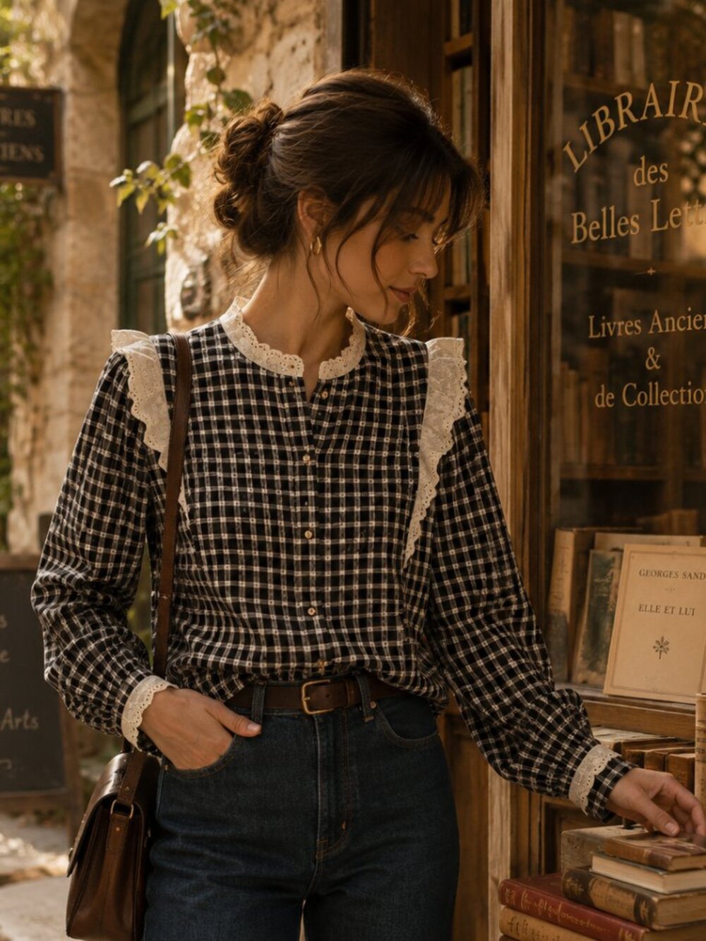Dark Academia Vintage Gingham Lace Blouse Romantic Cottagecore Tape.measure S